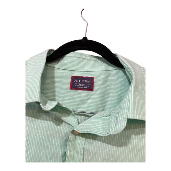 Untuckit Top Men Large Mint Green Stripes Button Up Cotton Linen - Picture 2 of 3